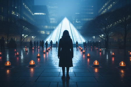 a woman stands in front of a pyramid shaped building at nightの素材