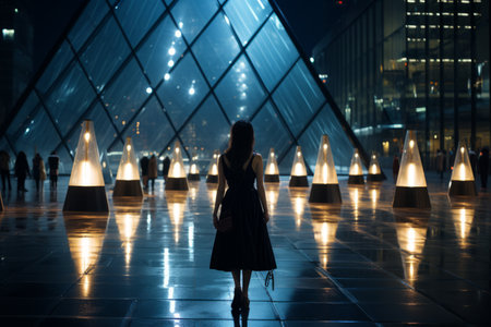 a woman standing in front of a building at nightの素材