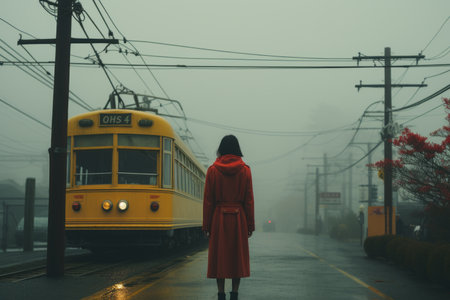 a woman in a red coat standing in front of a yellow trolleyの素材