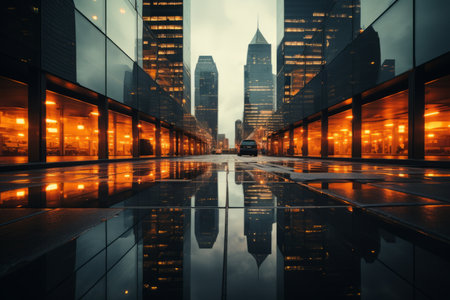 an empty city street at night with buildings reflected in the windowsの素材