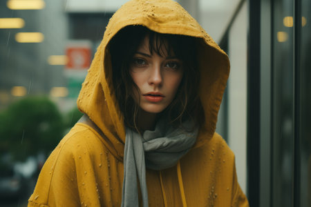 a woman in a yellow hoodie and scarfの素材