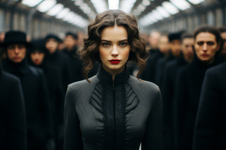 a woman standing in front of a crowd of peopleの素材