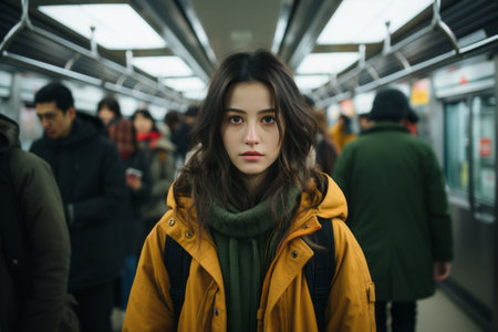 a woman in a yellow coat standing in a subwayの素材
