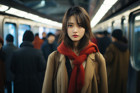 a woman in a red scarf standing on a subway platformの素材