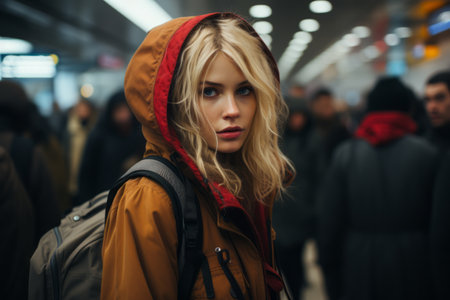 portrait of a young woman with a hooded jacket in a crowded subway stationの素材