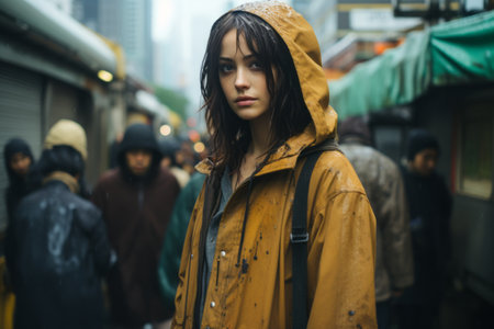 a woman in a yellow raincoat standing in the middle of a crowded streetの素材