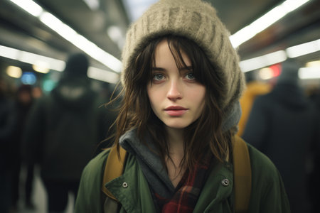 portrait of a young woman in a subway stationの素材
