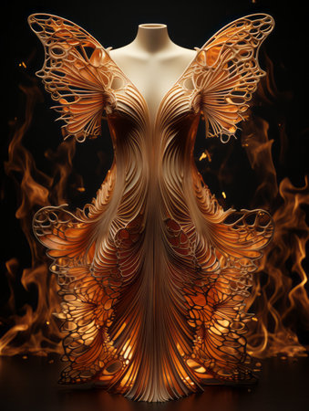 a dress made out of paper with flames on itの素材