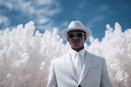 a man in a white suit and sunglasses stands in front of a field of white flowersの素材