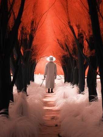 a man in a white coat is walking through a tunnel of red treesの素材