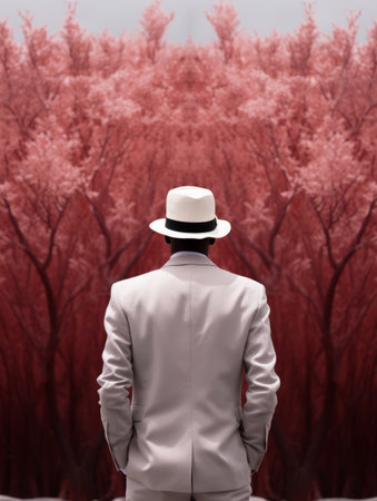 a man in a white suit and hat stands in front of pink treesの素材