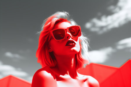 a woman wearing sunglasses in front of a red backgroundの素材