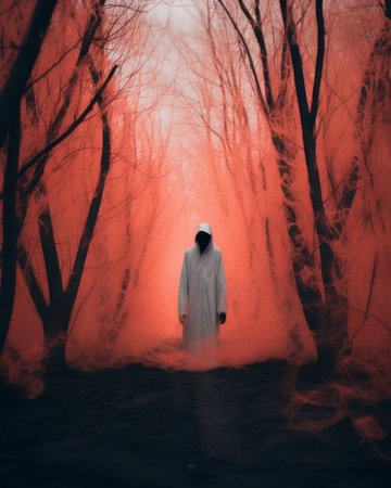 a man in a white robe standing in the middle of a forestの素材