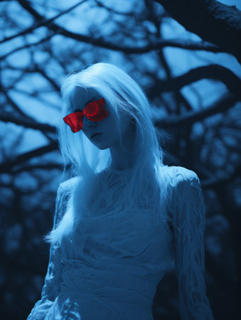 a woman in a white dress and red sunglassesの素材