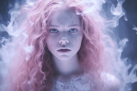 a woman with pink hair and blue eyesの素材