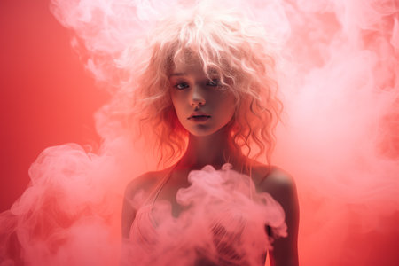 a woman with blonde hair and pink smoke in front of a red backgroundの素材