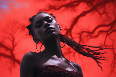 a woman with dreadlocks standing in front of a red skyの素材