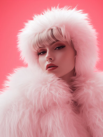 a woman in a white fur coat on a pink backgroundの素材