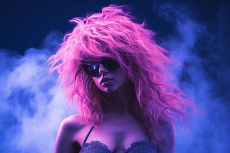 a woman with pink hair and sunglasses in the smokeの素材