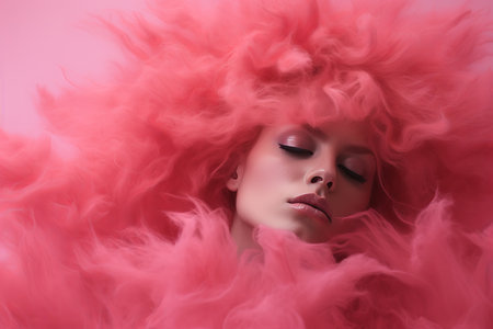 a woman with pink hair and makeup is posing in front of a pink backgroundの素材