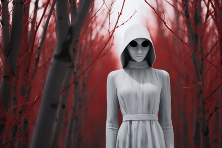 an alien standing in a forest with red treesの素材