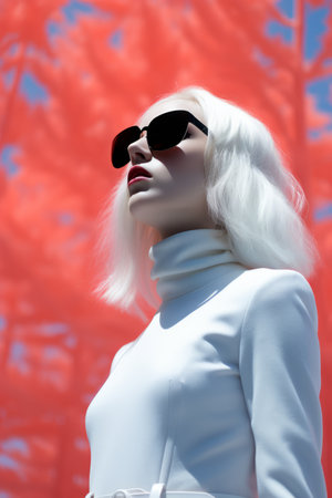 a woman with white hair and sunglasses standing in front of red treesの素材