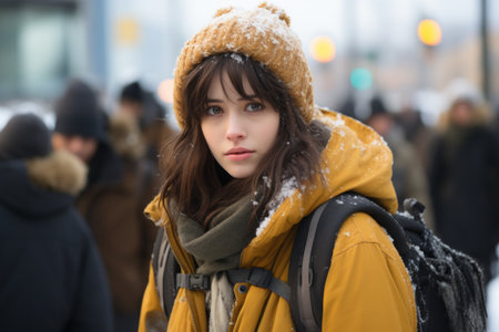 a young woman in a yellow coat and hat walking in the snowの素材
