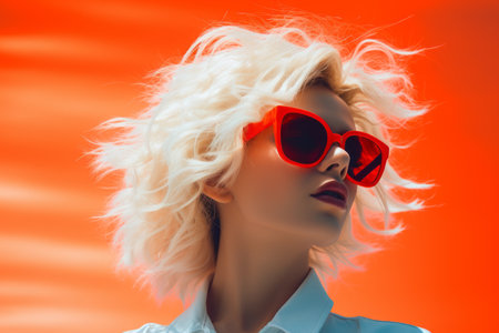 a woman with bright red sunglasses and a white shirtの素材