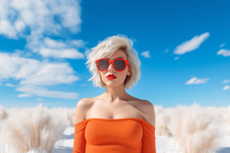 a woman in an orange dress and sunglasses standing in the snowの素材