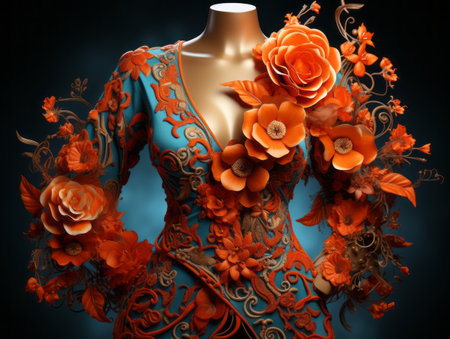 an orange and blue dress with flowers on itの素材