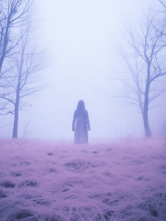 a woman standing in the middle of a foggy fieldの素材