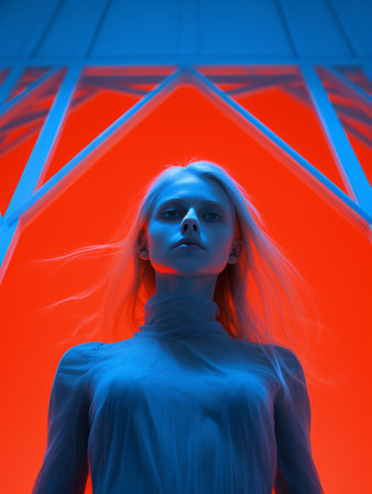 a woman standing in front of a red and blue backgroundの素材