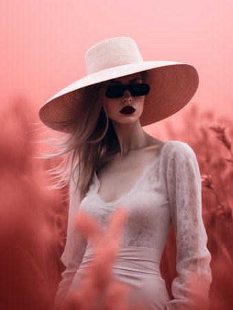a woman wearing a hat and sunglasses in a fieldの素材