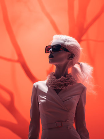 a woman in sunglasses and a white dress standing in front of a red backgroundの素材