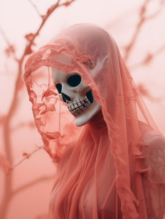 a woman wearing a pink veil with a skull on her headの素材