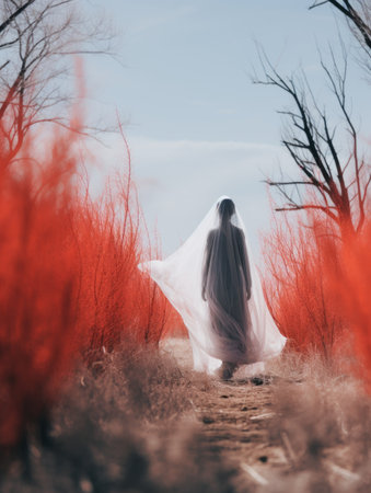 a woman wearing a veil walks through a field of red grassの素材