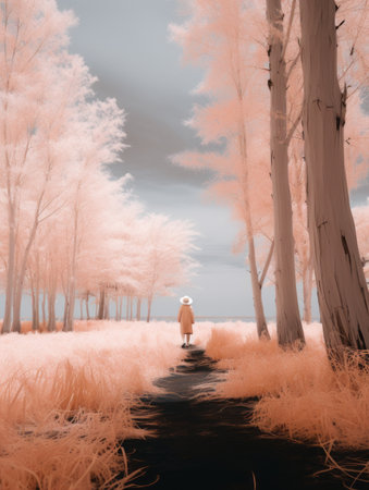 an infrared image of a person walking in the woodsの素材