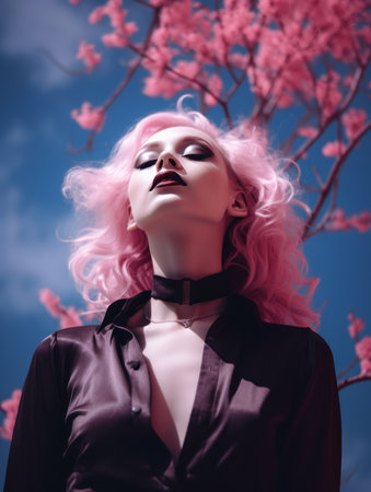 a woman with pink hair standing in front of a treeの素材