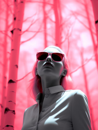 a woman wearing sunglasses stands in front of some treesの素材
