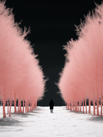 pink trees in the snow with a person walking through themの素材
