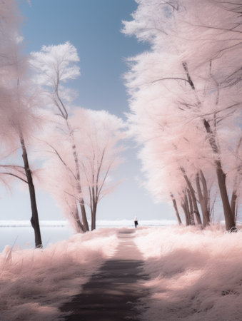 infrared image of a path by the water with trees in the backgroundの素材