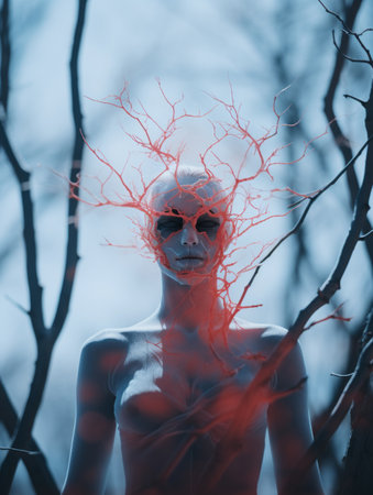 a woman with red hair standing in front of a treeの素材