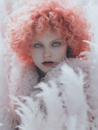 a young girl with pink hair and a fur coatの素材