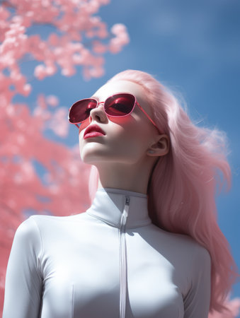 a woman with pink hair and sunglasses in front of cherry blossomsの素材