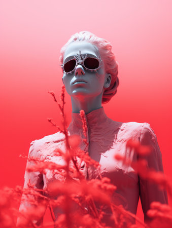 a woman wearing sunglasses in front of a red backgroundの素材