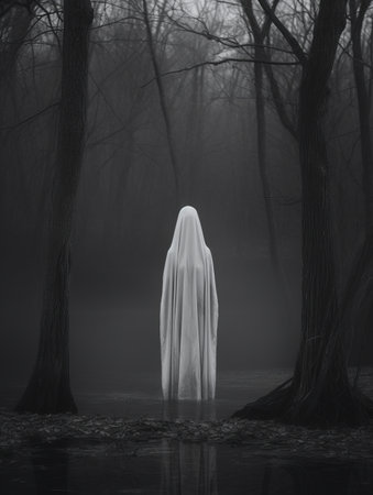 a black and white photo of a ghost in the woodsの素材