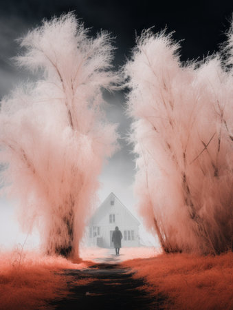 a man walks through a field of pink treesの素材