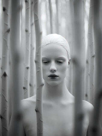 a black and white photo of a woman in the woodsの素材