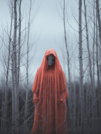 a person in an orange dress standing in the middle of a forestの素材
