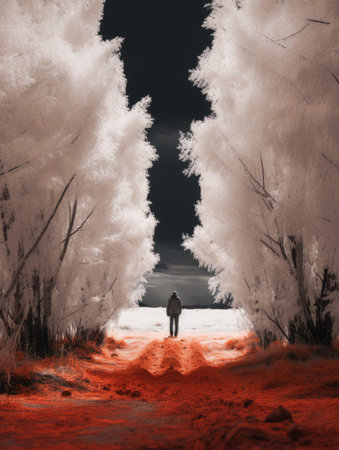 a man standing in the middle of a red dirt roadの素材